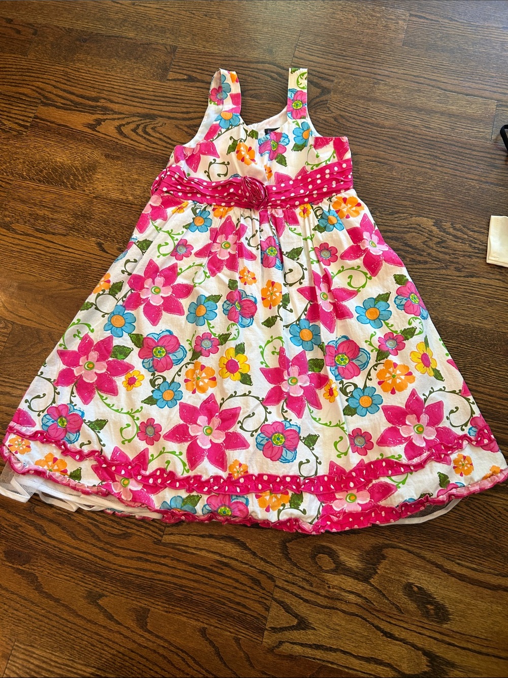 Girls White Floral Sundress with Pink Accents and Polka-Dot Sash